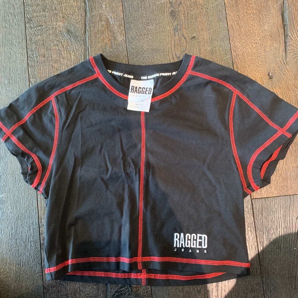 -ragged jeans top -small -black with red stitching